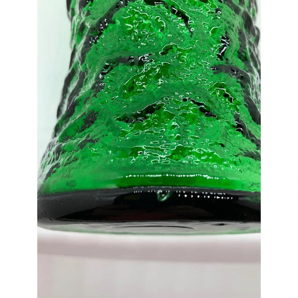 Emerald Green Textured Bark Glass Vase Mid Century Modern Style Flared 9.5 inch